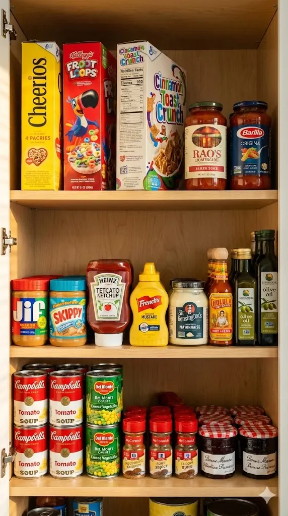 A pantry shelf with cereal, sauces, spreads, and canned goods.